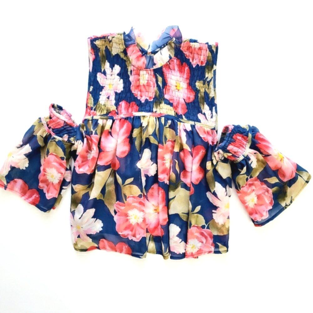 Impulsive Cold Shoulder Nwt Navy/Coral Floral Chiffon Crop Top